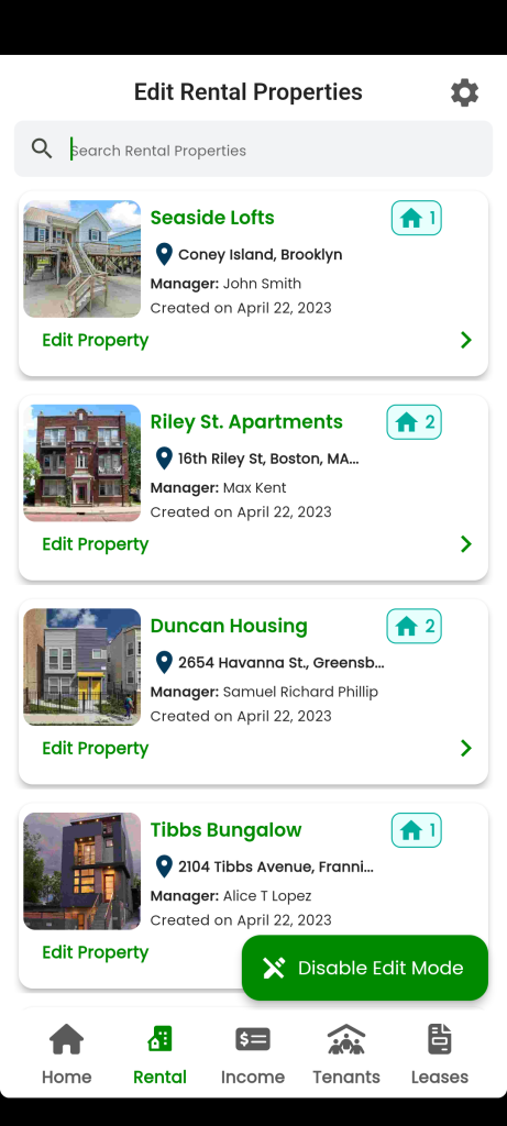 Rental Properties Editing Mode