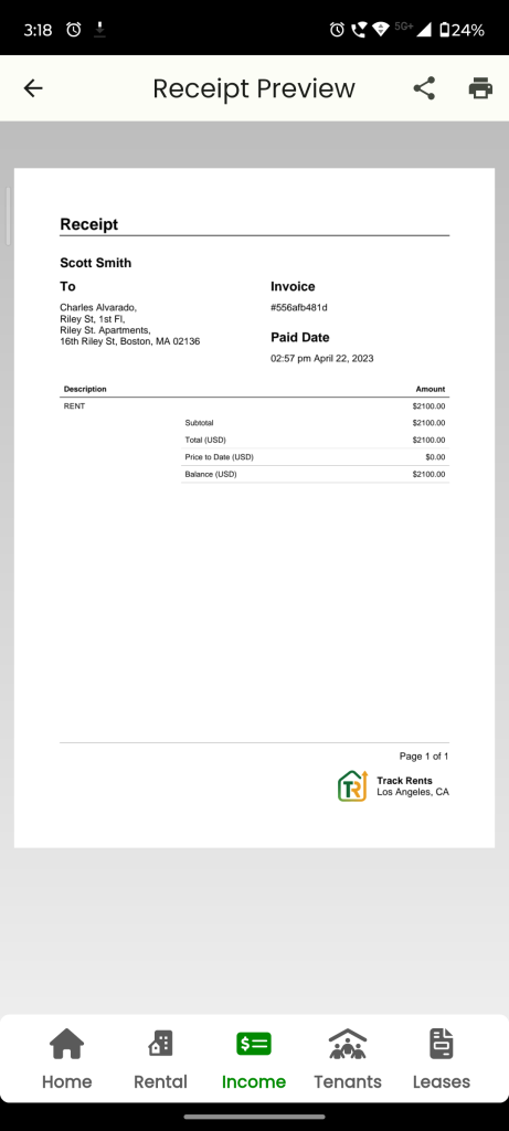 Receipt Preview Screen showing a preview of the PDF